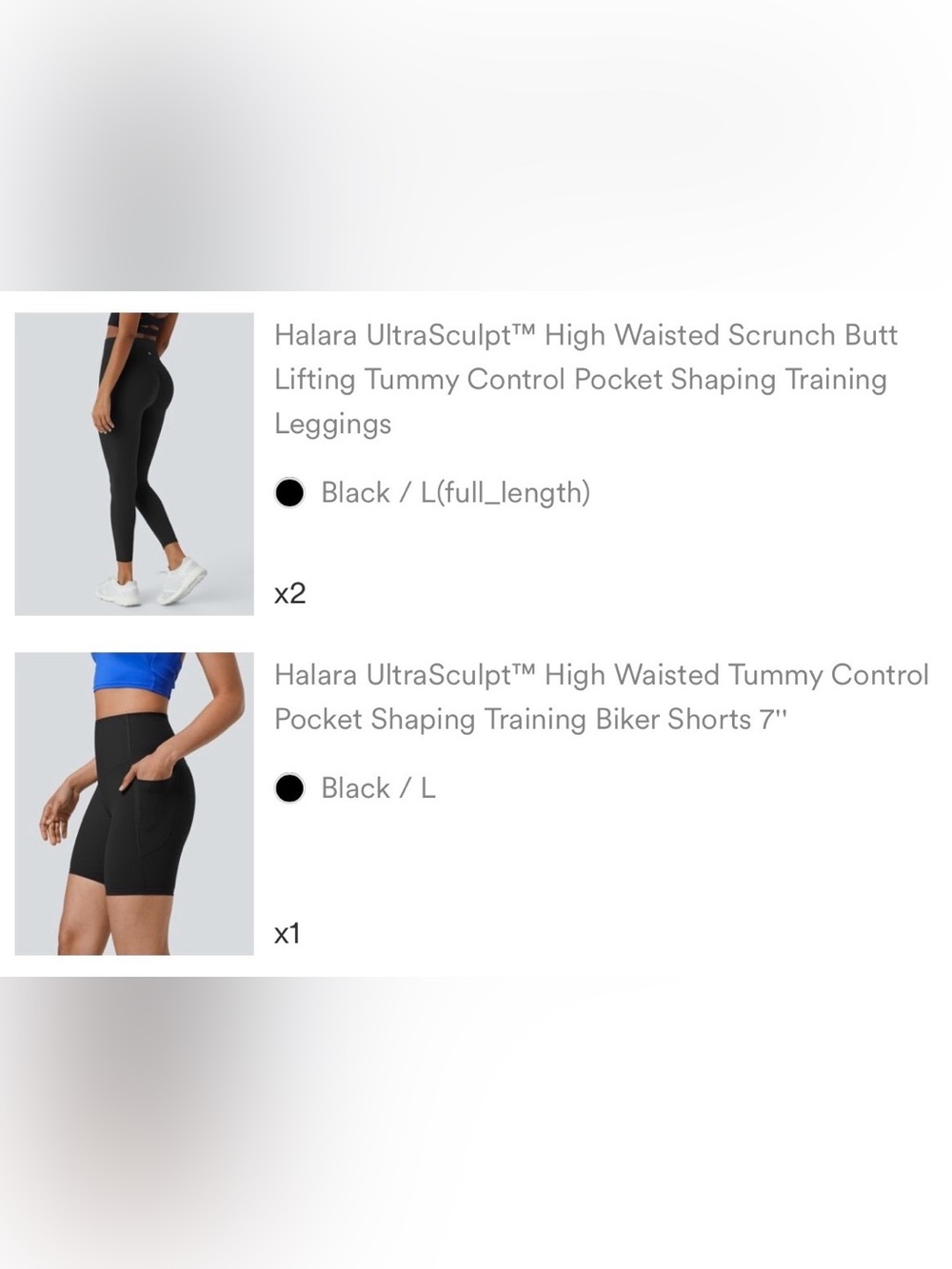 3 pair total HALARA Black High-Waisted Biker Shorts(1) and Leggings(2)